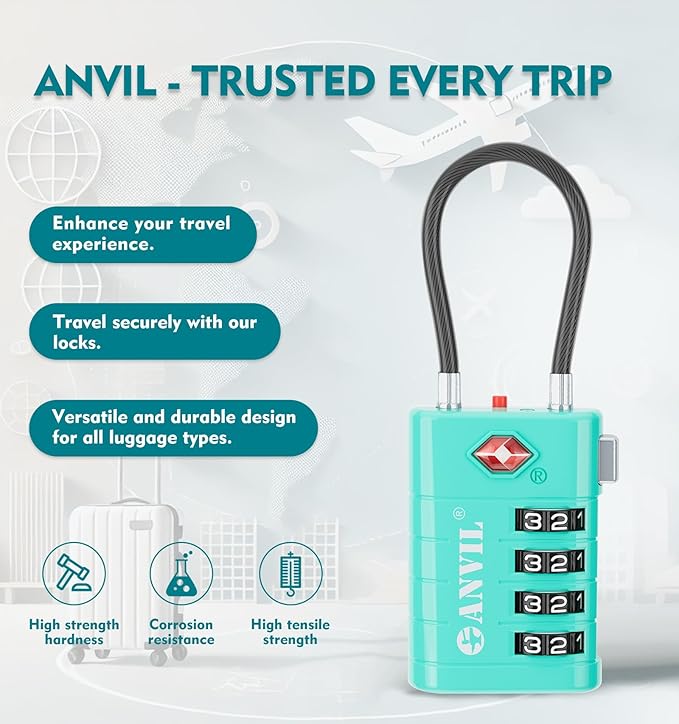 ANVIL 4 Digit Luggage Locks, TSA Locks for Luggage, Advanced TSA008 core, Alert Indicator for Your Travel Lock, Suitcase Lock.(3, Cyan)