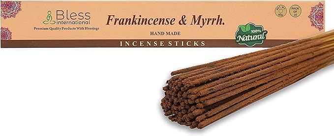 Bless-Frankincense-and-Myrrh 100%-Natural-Handmade-Hand-Dipped-Incense-Sticks Organic-Chemicals-Charcoal-Free Purification-Relaxation-Positivity-Yoga-Meditation Best-Woods-Scent (25 Sticks (1.4 OZ))