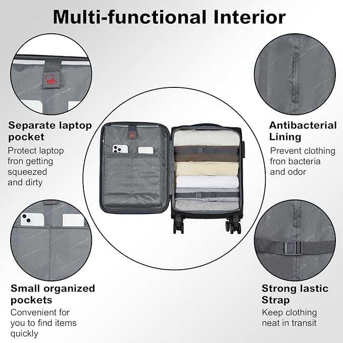 Kono 20 Inch Soft-Sided Carry-On Luggage Airline Approved 20" Spinner Wheels Lightweight Waterproof Suitcase with TSA Lock for Business Travel (Small, Black)