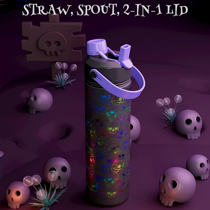 26 oz Halloween Insulated Water Bottle with 2-in-1 Straw and Spout Lid, Glow-in-the-Dark, 24H Cold, Leakproof, Fits in Car Cup Holder, Stainless Steel for Gift, Trip, Holiday, Sports (Luminous Souls)