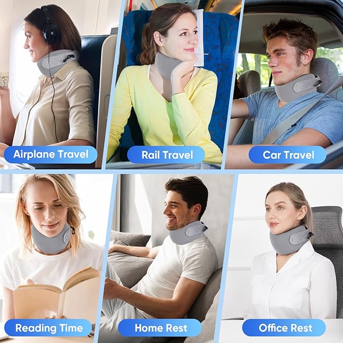 Compact Travel Pillow with Adjustable Strap & Washable Cover, Portable Neck Pillow Airplane with Case & Hook, Chin Support Pillow Relieves Pain & Pressure for Quick Trips, Office, Car & Home Use