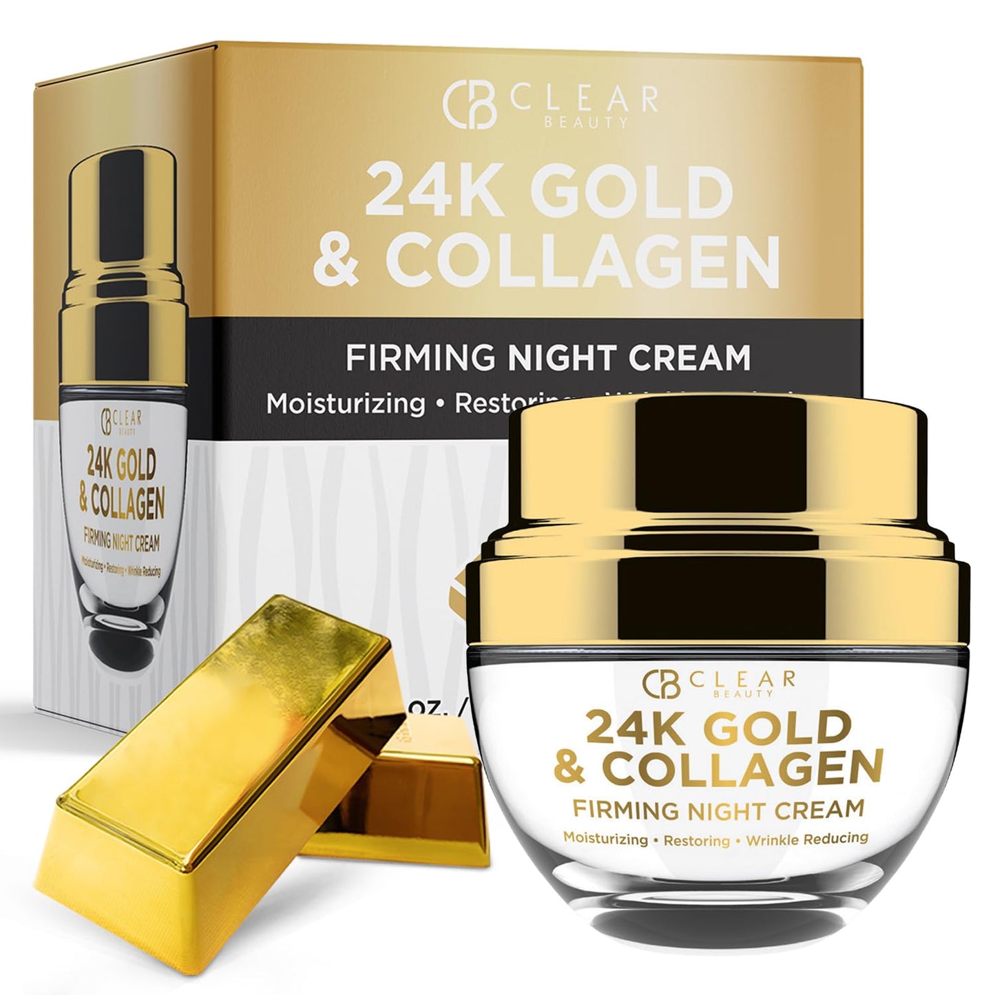 Clear Beauty 24K Gold & Collagen Night Face Moisturizer - Dermatologist Tested, Reduces Age Spots, Fine Lines & Wrinkles, Lifting & Firming Night Cream, Cruelty-Free Korean Skin Care - All Skin Types