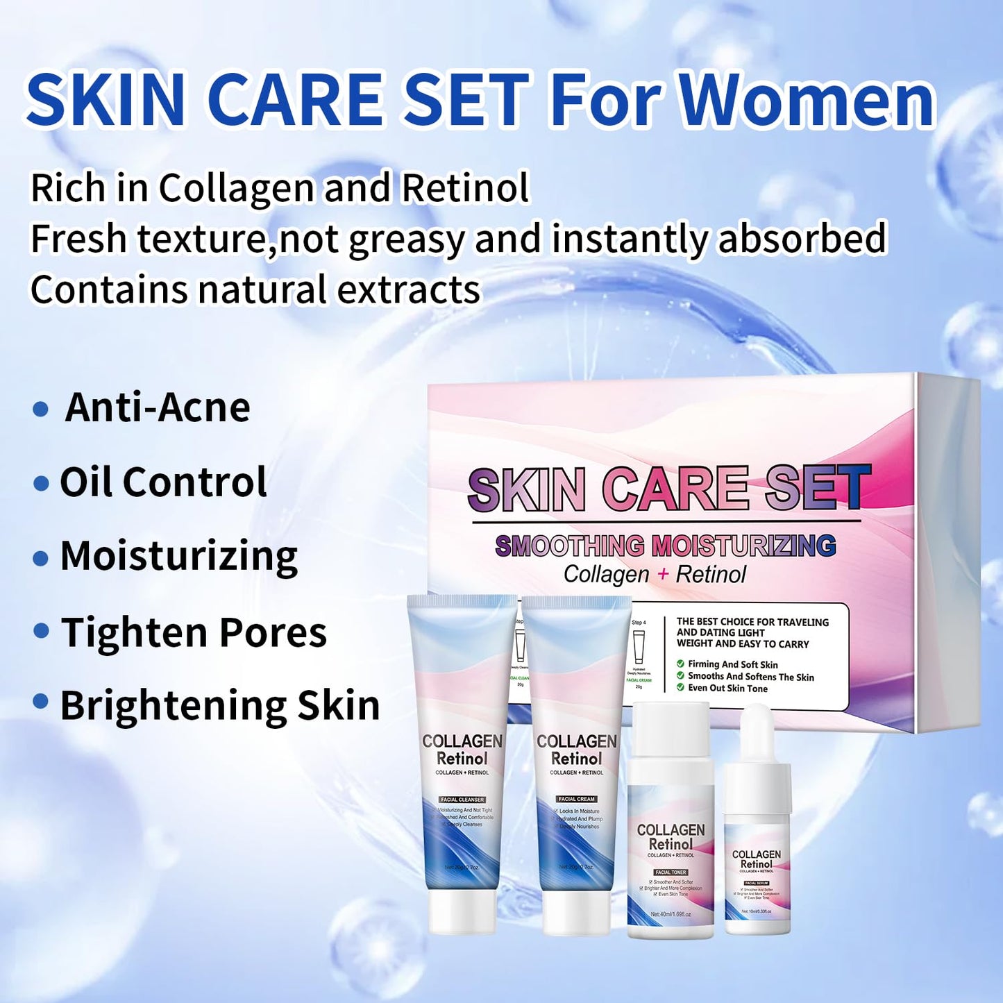 Skin Care Set, Collagen Retinol Rejuvenating Kit, Mini Travel Essentials, Travel Size Skin Set with Facial Cleanser, Toner, Serum, Cream, Lightweight, Hydrating, Travel-Friendly Skincare Set