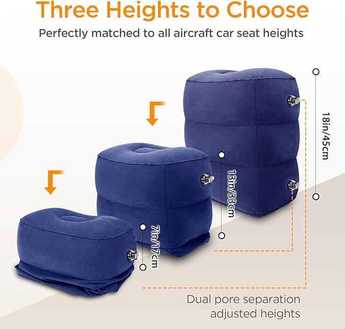 HOMCA Inflatable Travel Foot Rest Pillow, Adjustable Height Leg Pillow，Fast Inflating Airplane Bed for Toddlers，Footrest Pillow for Office, Airplane，Train，Cars，Home (Blue)