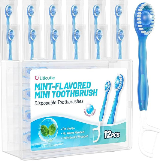 12 Pack 5-in-1 Disposable Mini Toothbrush with Toothpaste + Floss + Pick + Tongue Scraper for Work/Camping/Travel, Travel Toothbrush Set for Kids Adults, Individually Wrapped, Mint Flavor