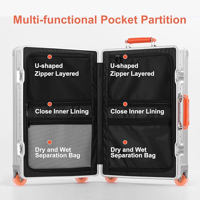 22x14x9 inch Cabin Suitcase, Carry-on Full Aluminum Body Suitcase, 20 Inch 100% Aluminum Hard Shell Luggage with PU Wheels,56x36x22cm Aluminium Large Luggage with TSA Locks(Silver)