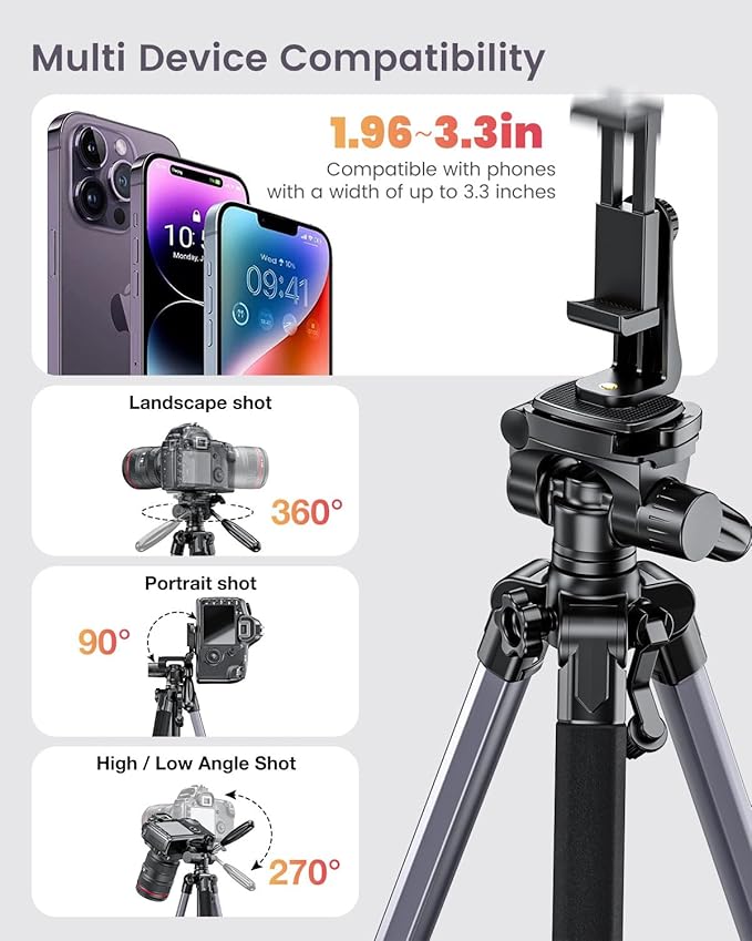 74"-Camera-Tripod, Professional Aluminum Tripod/Leg Stand Mirrorless Camera/DSLR/Cell Phone/Camcorder/GoPro, with Phone Holder and Travel Bag (Gunmetal Gray) Weight 2.8 lbs Load 8.8 lbs