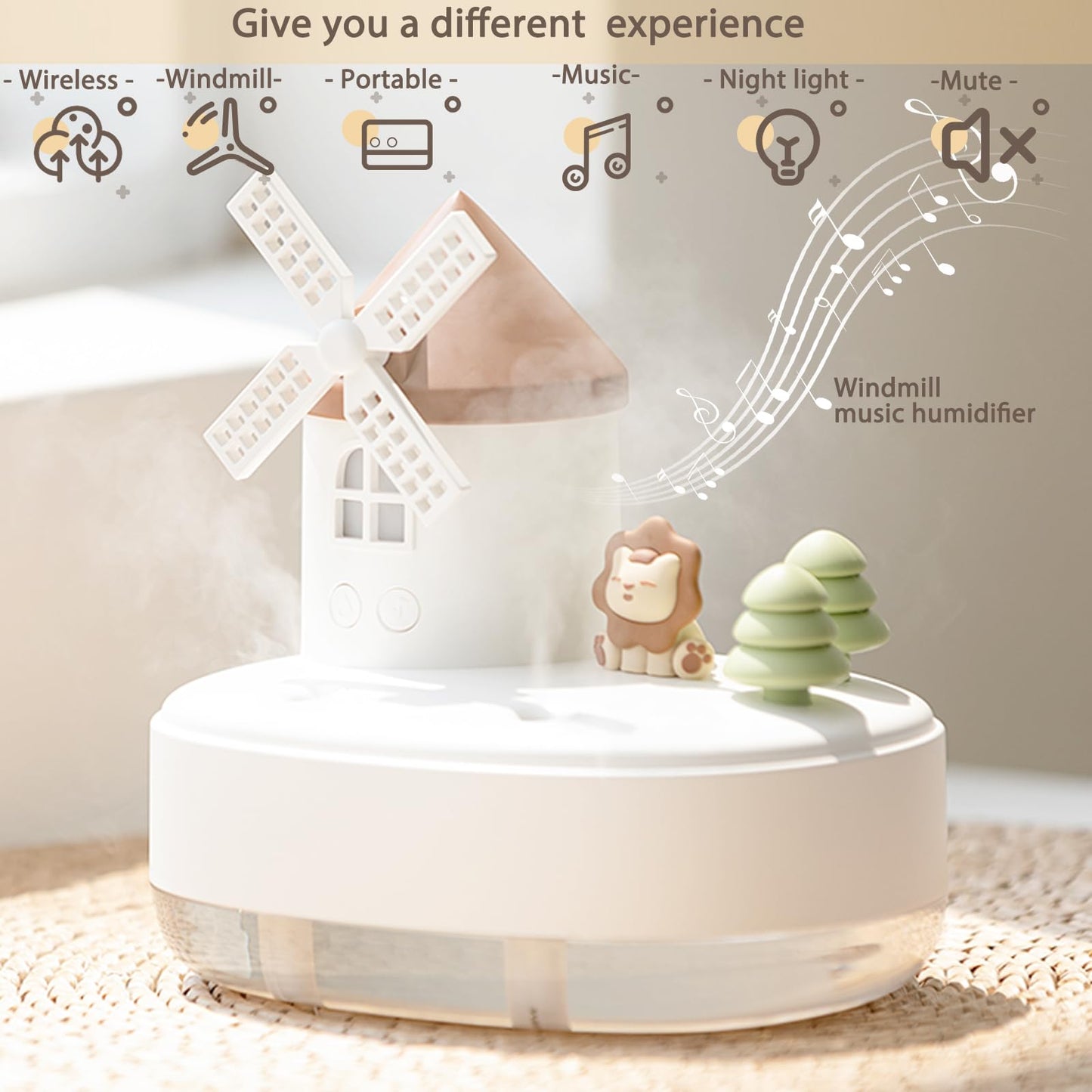 Humidifier for Bedroom,Portable Humidifier,Baby humidifier with rotating windmill and music box,double spray nozzles,two spray modes and Ambient Light,suitable for children,bedroom and office