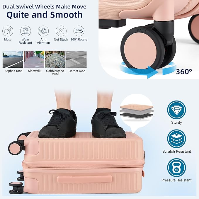 24 Inch Check in Luggage with Spinner Wheels, Hard Shell Suitcases Travel Expandable Luggage with Cup Holder Charger Built in, Checked Medium Suitcase Lightweight Suitcases, Pink