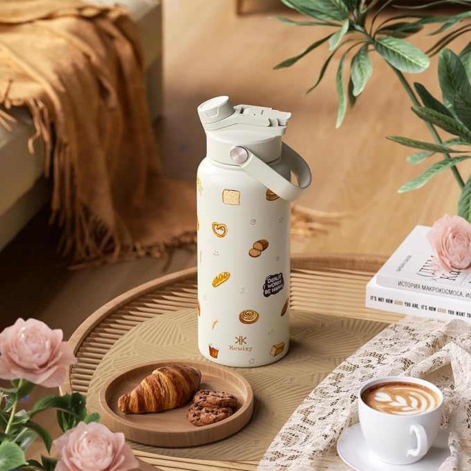 32 oz Insulated Water Bottle, 2-in-1 Lid, Straw & Spout with Protected, Leak Proof, Keep Cold, Stainless Steel, Metal, Reusable, Handle, for Travel, Gym and School, Bake Beige