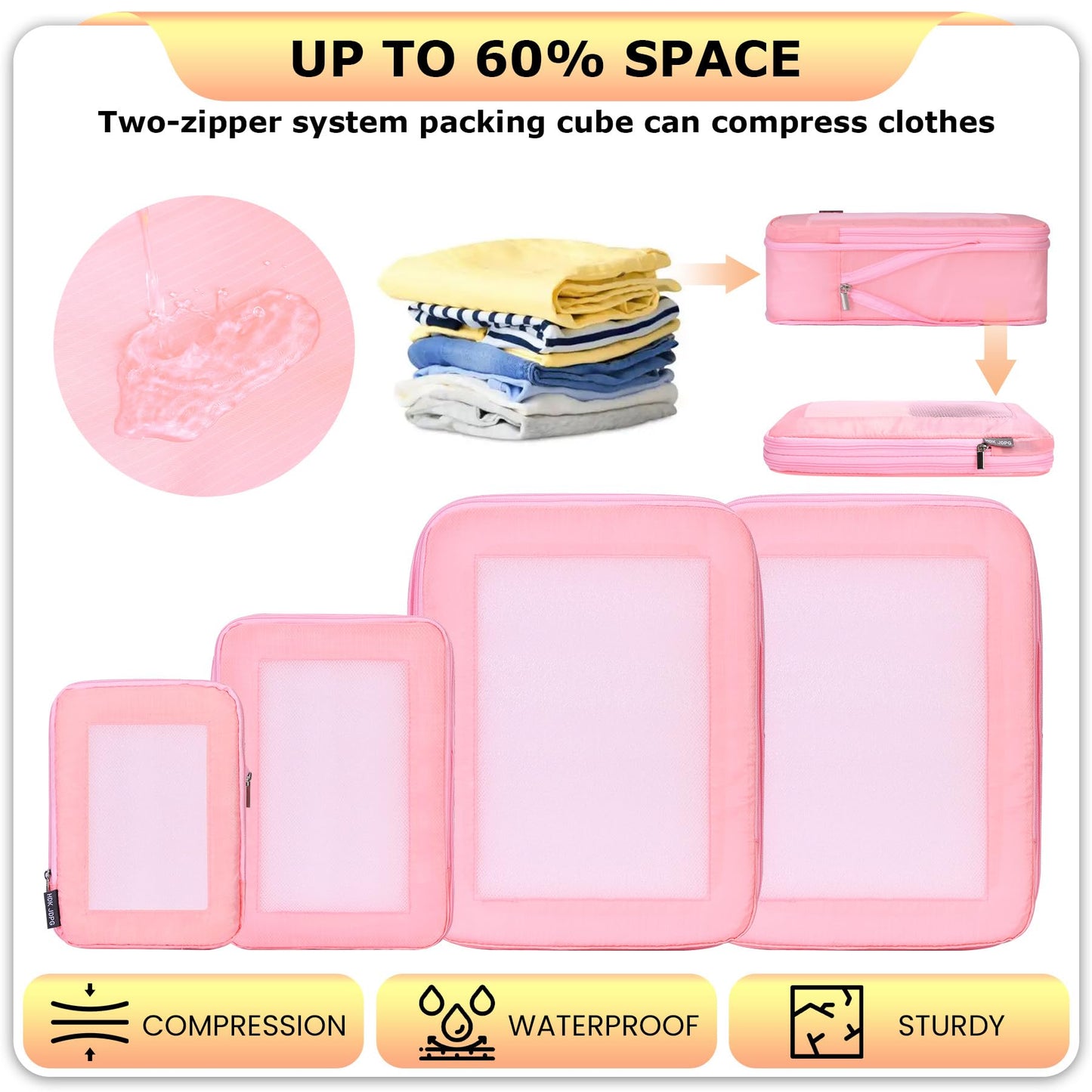 HDKJDPG 4 Set Ultralight Compression Packing Cubes Travel for Suitcases ，Compressible Mesh Packing Cubes for Travel Women Packing Organizers (Pink)