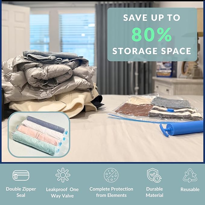 12 Pack Vacuum Storage Bags with Hand Pump, Compression Space Saver for Comforter, Bedding, Blanket Storage, Vacuum Seal Bags for Clothing, Luggage Suitcase and Closet Organizer