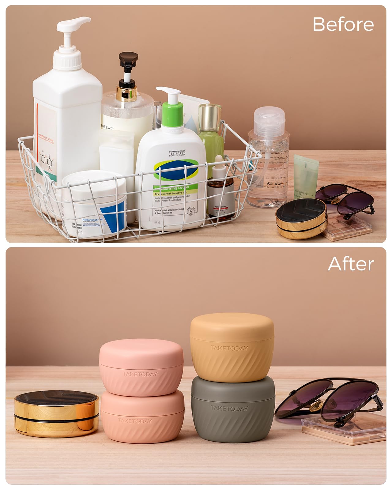 TakeToday Travel Containers for Toiletries, Leak-proof, TSA Approved, Refillable Silicone Cream Jars with Lid Travel Size Essential for Cosmetic toiletry Cream, 2oz, 4 Pack (Apricot)