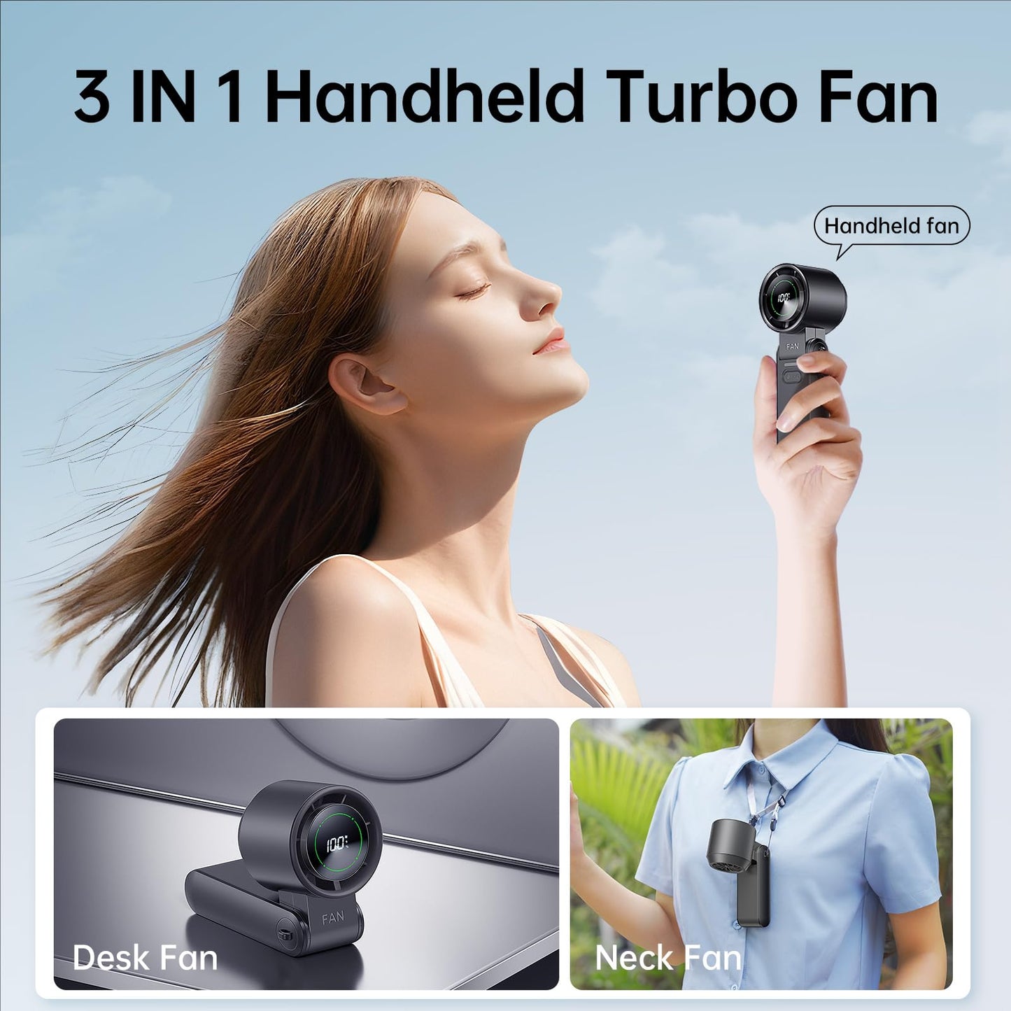 KIMMOO 3-in-1 Portable Handheld Turbo Fan-100 Speeds, 13500 RPM, 12Hrs Cooling, Digital Display, 120° Rotation, USB Rechargeable Mini Hand Held Personal Fan for Travel, Makeup, Outdoor, Indoor (Black)