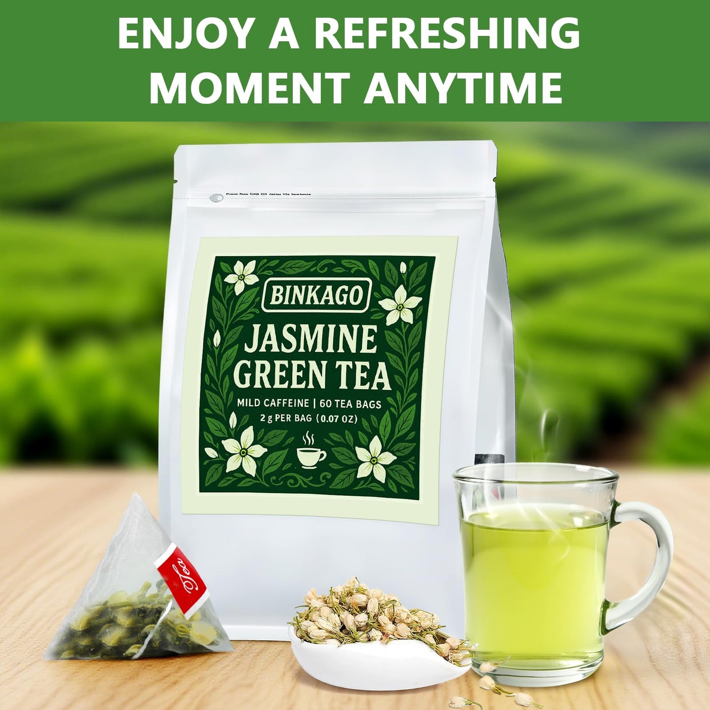 Jasmine Green Tea Bags – 60 Count | Fragrant Jasmine-Infused Green Tea | Smooth & Refreshing | Individually Wrapped for Freshness | Ideal for Home, Office & Travel