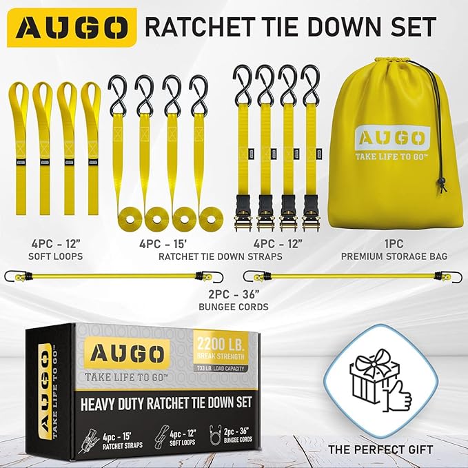 AUGO Ratchet Straps Heavy Duty 4 Pack -15 FT - 2200 LB Break Strength – with Safety Lock S Hooks - Cargo Straps for Moving, Appliances, Motorcycle – Soft Loop Tie Down Straps