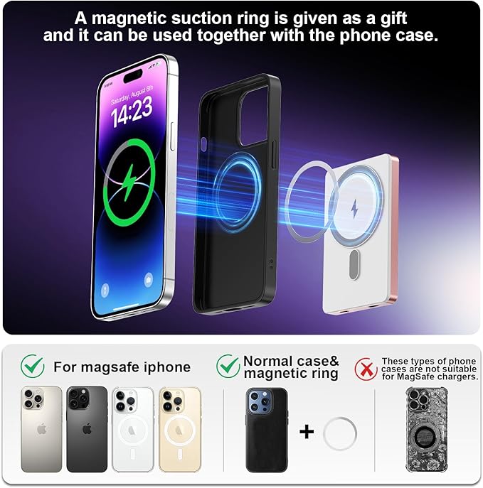 Portable Charger,For Magsafe Pink Portable Charger 5000mAh Magnetic Power Bank Wireless Battery Pack with USB-C Cable for Iphone12-16,Samsung,Google,Travel Accessories,Birthday Gifts for Women Mom