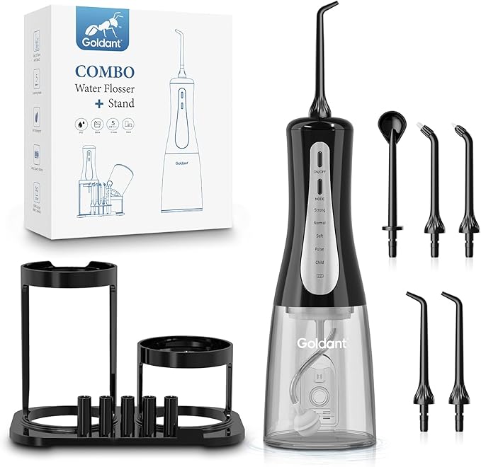 350ML Water Dental Flosser Teeth Pick with Stand Convenient Storage, 5 Modes Portable Cordless Oral Irrigator, Electric Rechargeable IPX7 Waterproof for Home Travel Teeth Cleaning(Black)