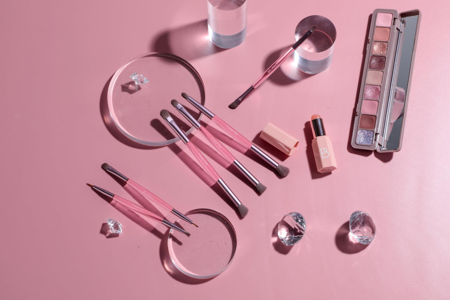 BS-MALL 6 Pcs Double-ended makeup brush set with Silicone Lip brush - eyeshadow Brush, concealer Brush, blush brush for Even application, Multi-purpose Portable makeup brushes for Daily Use (Pink)