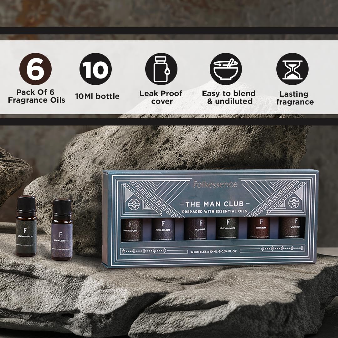 Folkulture Essential Oils Set for Men | Set of 6 (0.34 Fl Oz or 60ml) Diffuser Oils for Home | Oud Tabac, Sandalwood, Leather Wood | Fragrance Oil