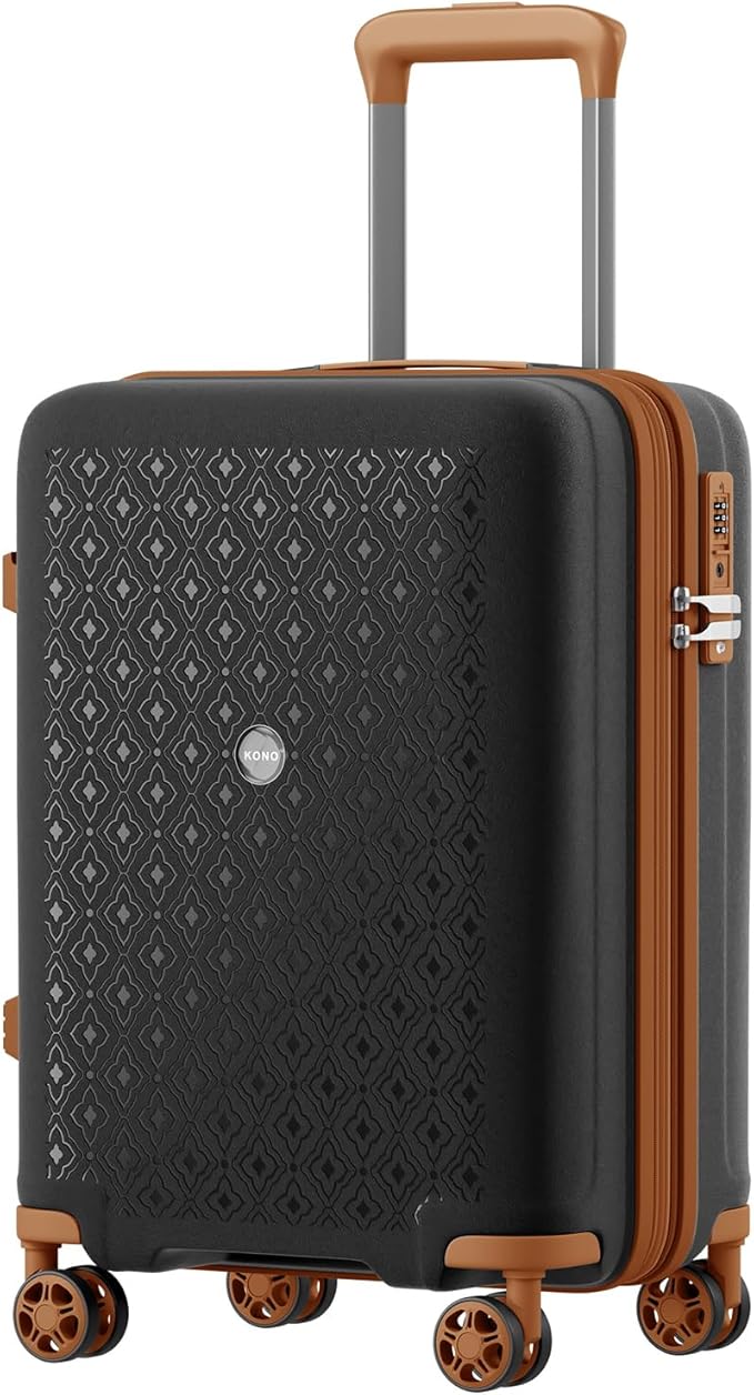 Kono 20 Inch Expandable Hard-Shell Suitcase, Ideal For Short Trips, Durable PP Material, With Hidden Cup Holder & TSA Lock, Black/Brown