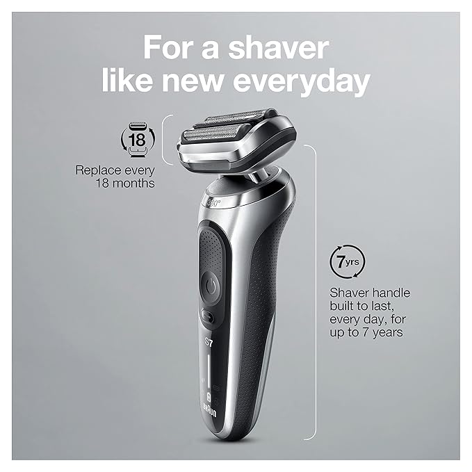 Braun Electric Razor for Men, Waterproof Foil Shaver, Series 7 7027cs, Wet & Dry Shave, with Beard Trimmer, Rechargeable, Charging Stand and Travel Case Included, Silver Black