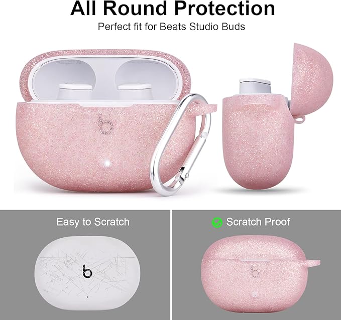 AIRSPO Silicone Case Compatible with Beats Studio Buds Case 2021 Soft Protective Cover for Beats Wireless Earbuds with Keychain (Glittery Rose Gold)