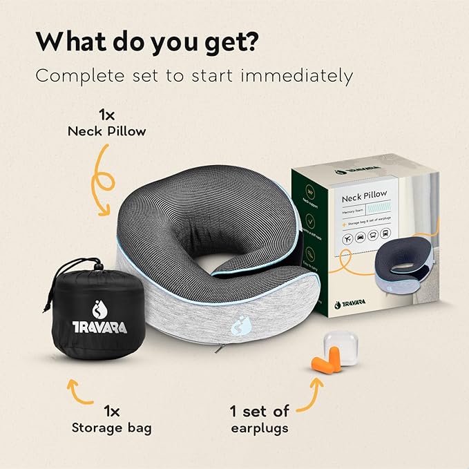 Travel Pillow - Airplane Neck Pillow with 360° Support - 100% Pure Memory Foam Flight Pillow for Sleeping on Airplanes - Travel Neck Pillow for Traveling