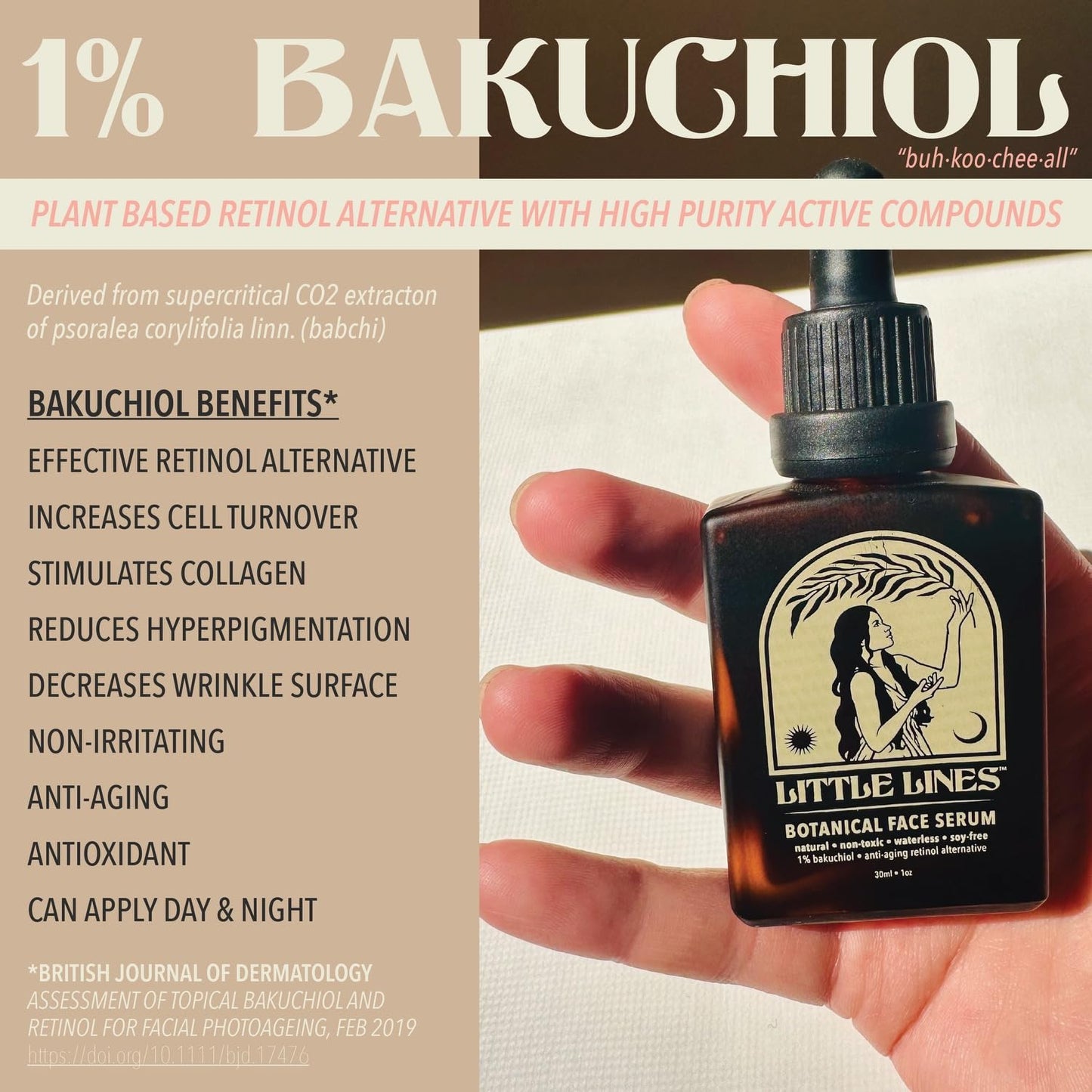 LITTLE LINES Botanical Bakuchiol Face Oil Serum | Holistic Retinol Alternative | Waterless blend of 17 botanicals | Anti-Aging Natural Skin Care For Fine Lines & Wrinkles | Hydrating & Brightening