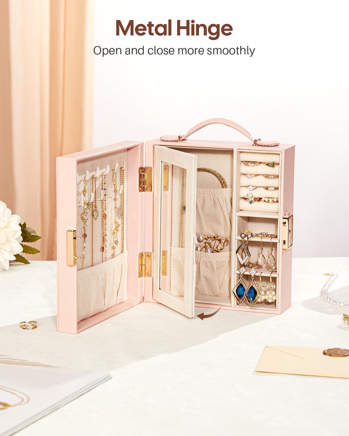 Enthralite Travel Jewelry Case, Essentials for vacation, Portable Bangle Box with Mirror, PU Leather Small Watch Organizer for Rings, Earrings, Necklaces, Bracelets (Light Pink)