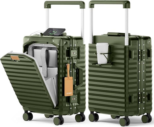 Joyway 20 Inch Carry on Luggage with Aluminium Frame and Front Pocket, PC Hardshell Suitcase with USB Port and Cup Holder, 21.5x14.2x9 Airline Approved Luggage with Spinner Wheel, TSA Lock(Dark Green)