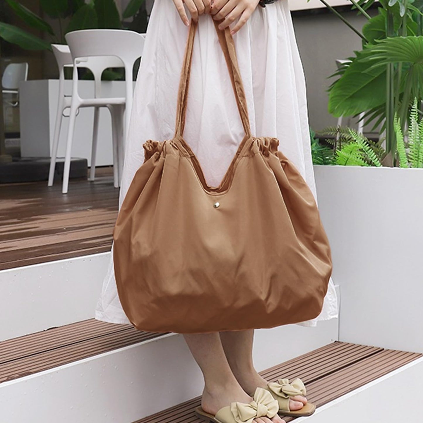 Reusable Grocery Bags,Foldable Eco Friendly Grocery Bags with Adjustable Drawstring Reusable Collapsible Shopping Tote for Groceries, Travel and Storage,Machine Washable Reusable,Tiny Stylish(khaki)