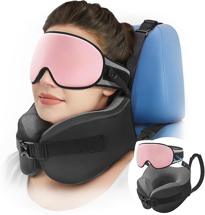 YFONG Travel Pillow for Long Flight Airplanes, Head Strap Combo with 3D Contoured Eye Mask for Sleep, Neck Pillow for Car Trip Essential, 360° Support Memory Foam Headrest, Prevent Head Bobbing, Pink