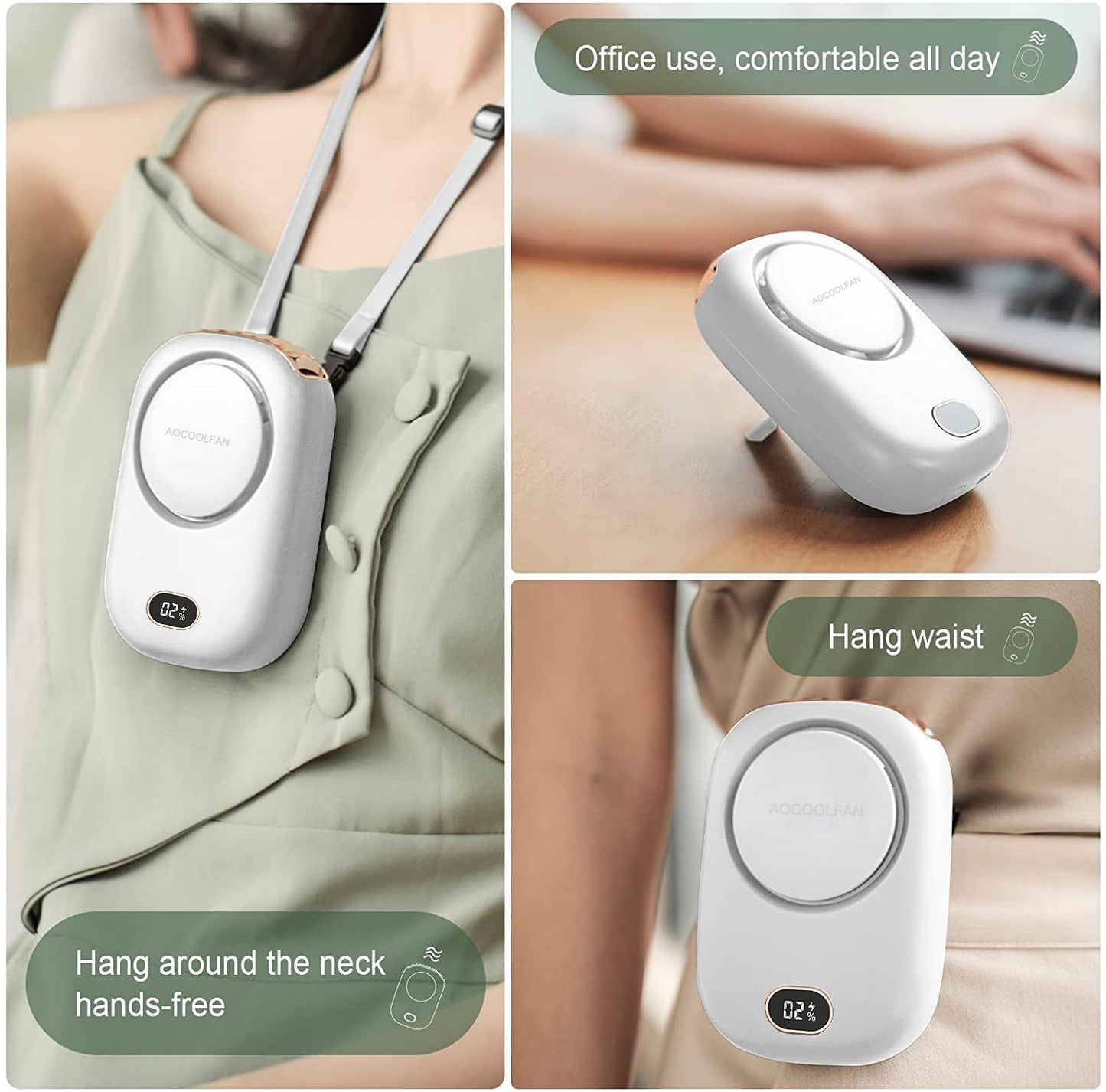 AOCOOLFAN Portable Neck Fan, Mini Small Personal Handheld Fan USB Rechargeable 3 Speed for Girls Boys Woman Eyelash Travel Home Office Outdoor (White)