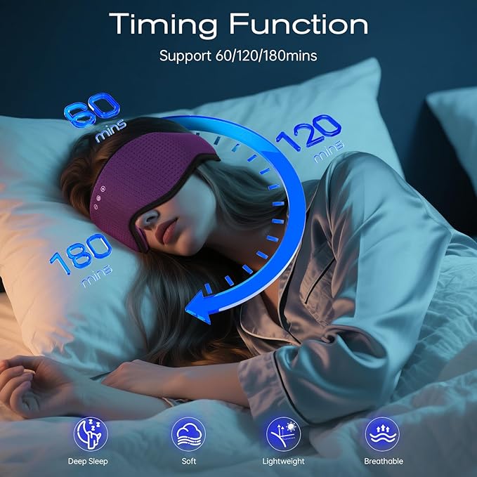 Sleep Mask with Bluetooth 5.4 Headphones, Removable 3D Eye Cups, Timing Sleeping Headphones for Side Sleepers, Wireless Music Eye Mask Speakers for Men, Women, Tech Gifts, Purple