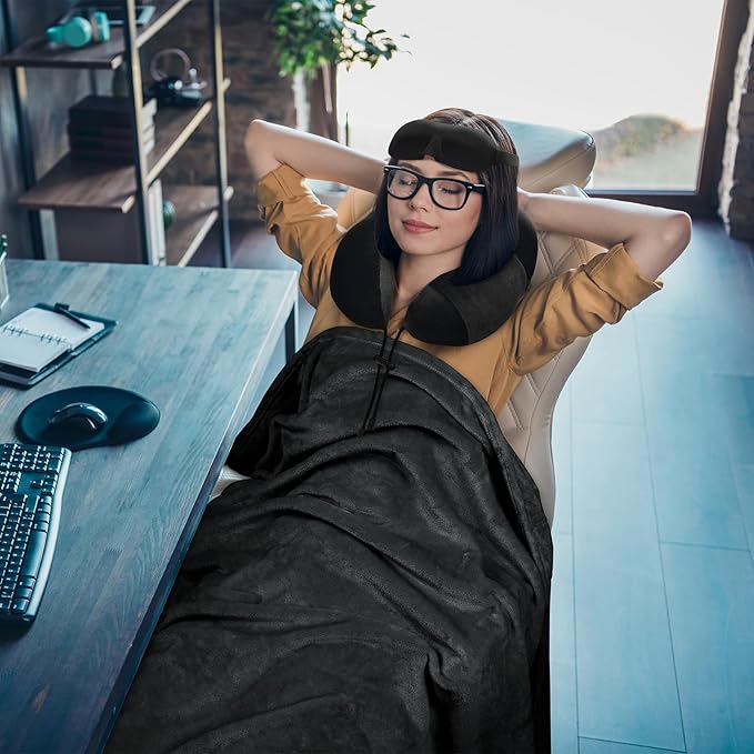 Travel Pillow and Blanket Set Neck Pillows Travel Essentials with Sleep Mask for Airplane Car Memory Foam Black