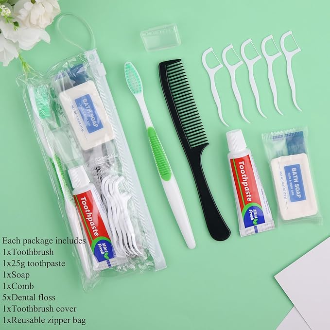 30 Set Personal Care Travel Toiletries Sets Bulk,7-in-1 Disposable Toothbrushes with Toothpaste and Floss,Comb,Soap,Cover,Zip Bag Toiletry Travel Toothbrush Kit for Homeless,Hotel,Charity