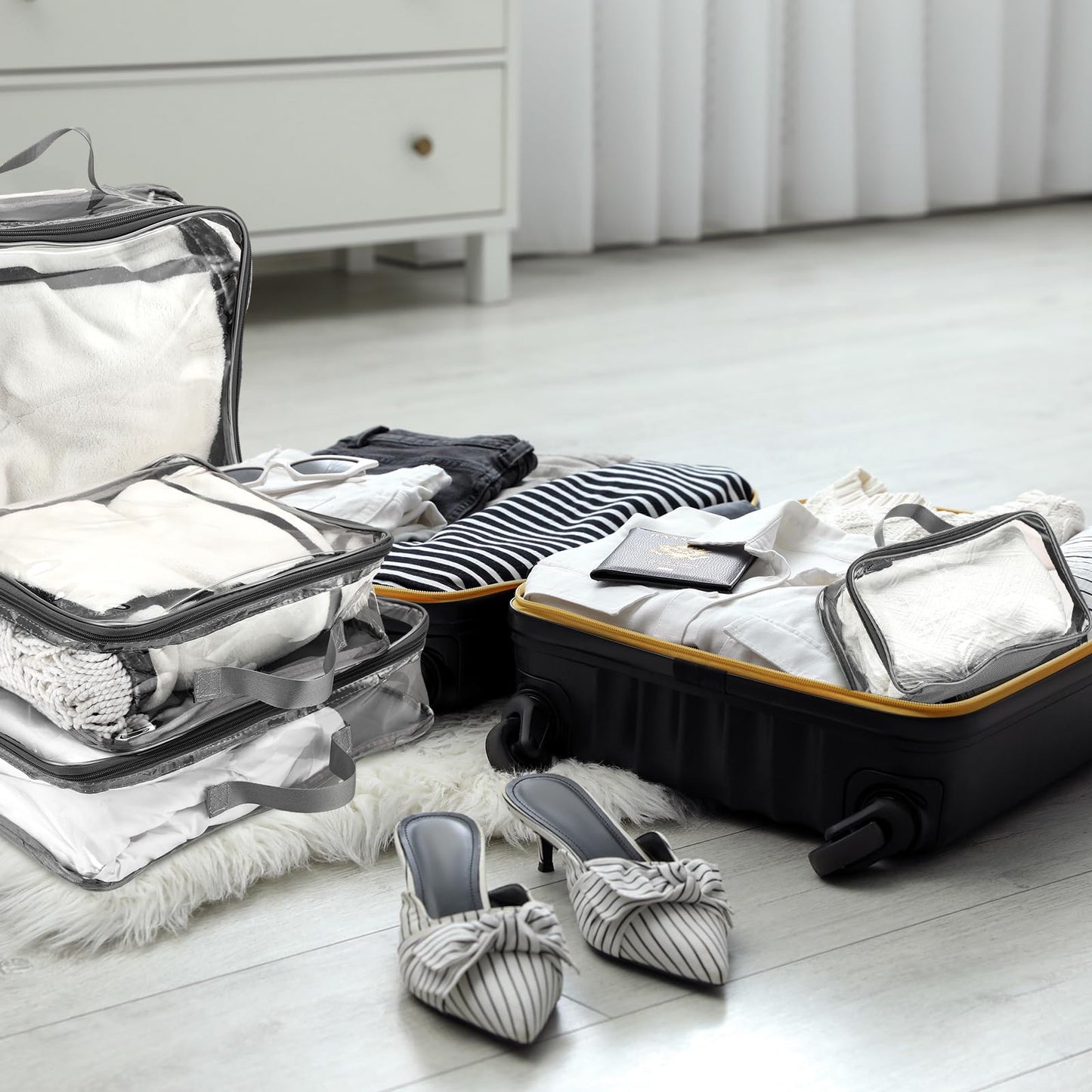 Hillban 6 Pcs Gray Large Clear Travel Packing Cube 3 Sizes See-through PVC Organizer for Suitcase Multipurpose Pouch with Handle Vinyl Zippered Storage Bags Luggage Cube Organizer