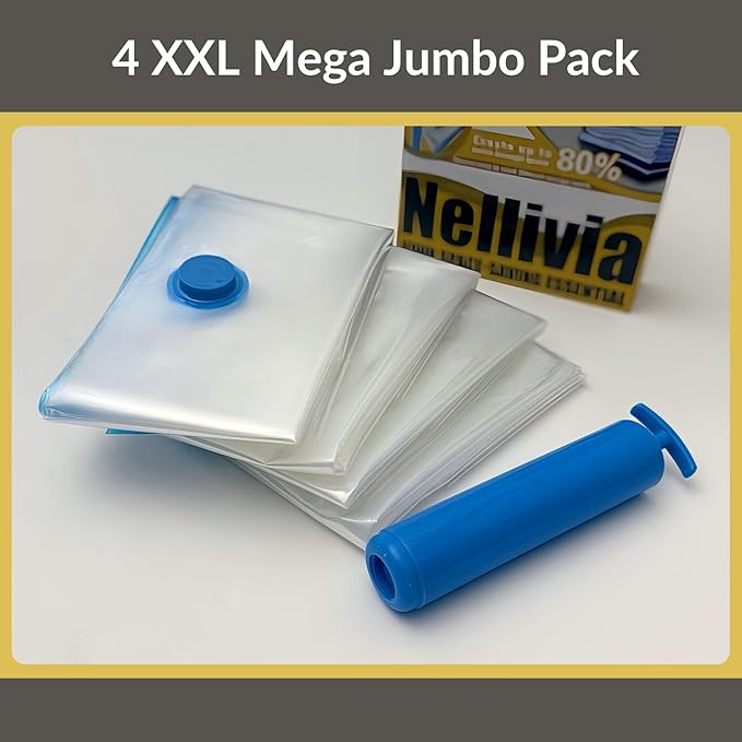 4 Mega Jumbo XXL Vacuum Storage Bags with Pump (47x35in), Supersized Compression Space Saver for Comforter, duvet, Bedding, Blanket storage, Vacuum Seal Bags for Clothing, Stuffed Toy, Cushions