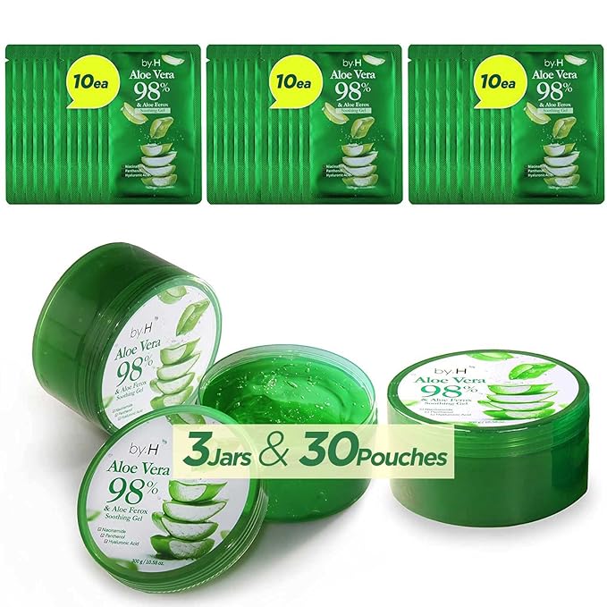 by.H Organic Aloe Vera Soothing Gel (3 Pack + 30 Pouches) - Natural Moisturizer for Skin and Hair, Effective for Sunburns, Razor Burns, and Gentle, Non-Greasy, Perfect for DIY Skincare [Made in Korea]
