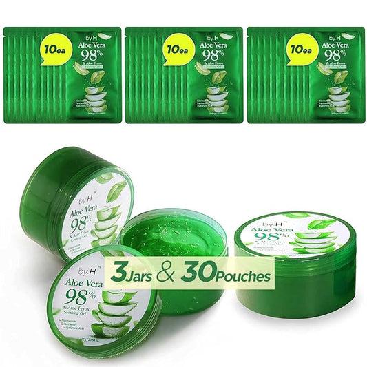 by.H Organic Aloe Vera Soothing Gel (3 Pack + 30 Pouches) - Natural Moisturizer for Skin and Hair, Effective for Sunburns, Razor Burns, and Gentle, Non-Greasy, Perfect for DIY Skincare [Made in Korea]
