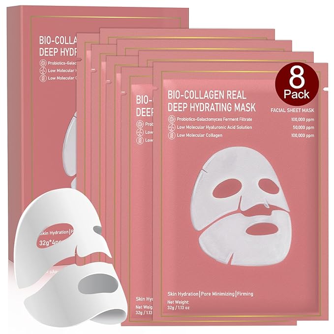 Bio-Collagen Real Deep Mask, 8 Pack Overnight Hydrating Face Mask for All Skin Types,Original Hydrating Collagen Face Mask