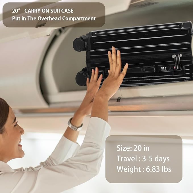 20 Inch Carry On Luggage With Cup Holder & USB Port, Airline Approved TSA-locked Luggage, Lightweight PC Material Travel Suitcase With 360° Spinner Wheel (20in-Black, 20in)