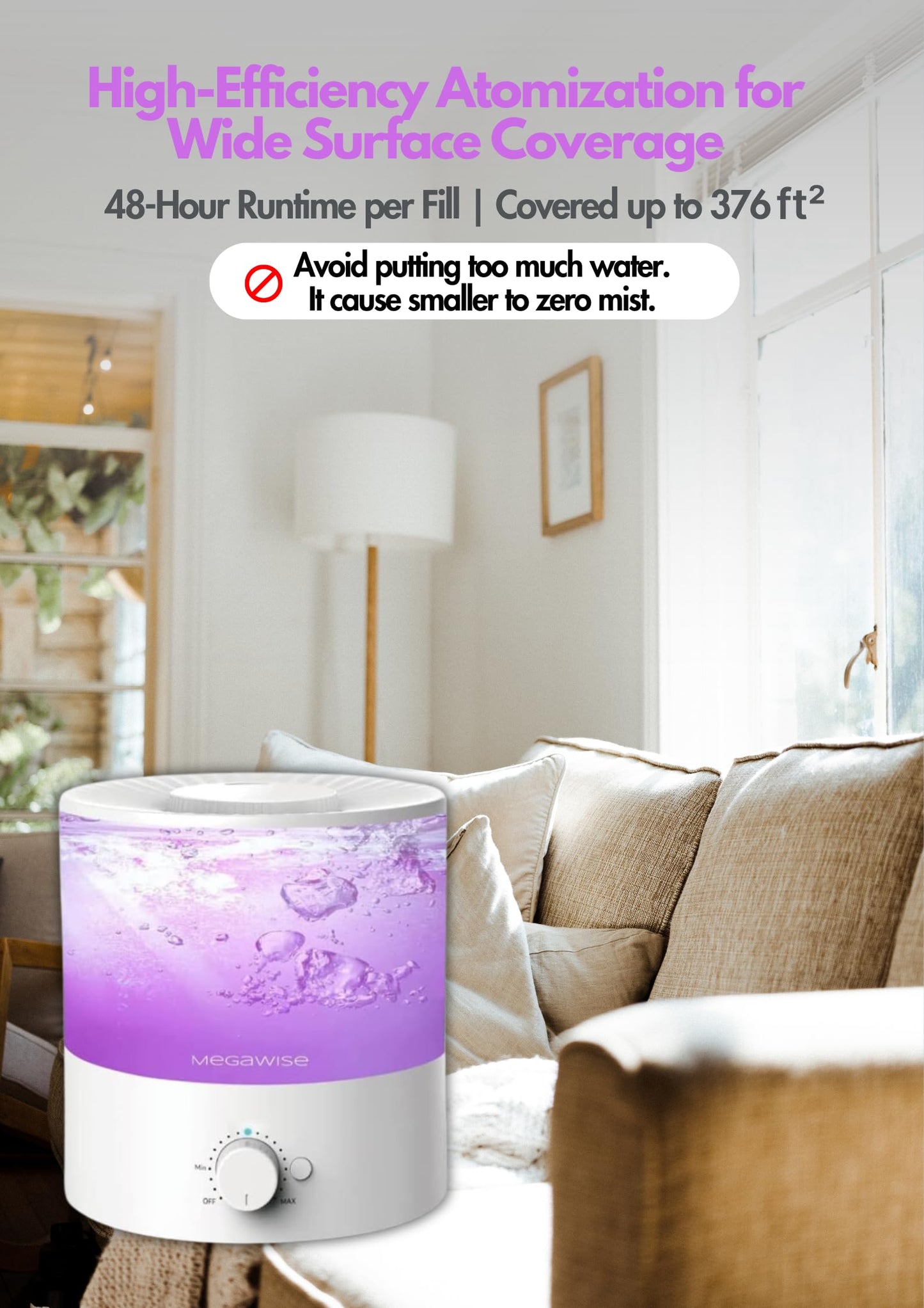 Megawise Cool Mist Humidifier with Top Refill Design, 2L Capacity, High Mist Output, No Leakage, and 7 Color Night Light