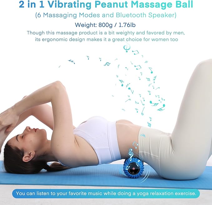 2 in 1 Vibrating Peanut Massage Ball with 6 Massaging Modes, Rechargeable Vibrating Massage Yoga Roller Ball for Muscle Recovery, Blue