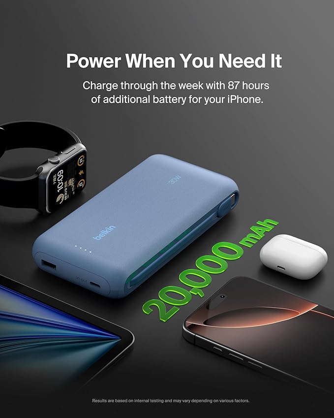Belkin Portable Charger, Power Bank with Integrated Cable 20000 mAh 30W - Fast Charging USB C Power Delivery, iPhone Charger - iPhone 17, Air, Pro, Pro Max, iPad, Galaxy S25, & More - Blue