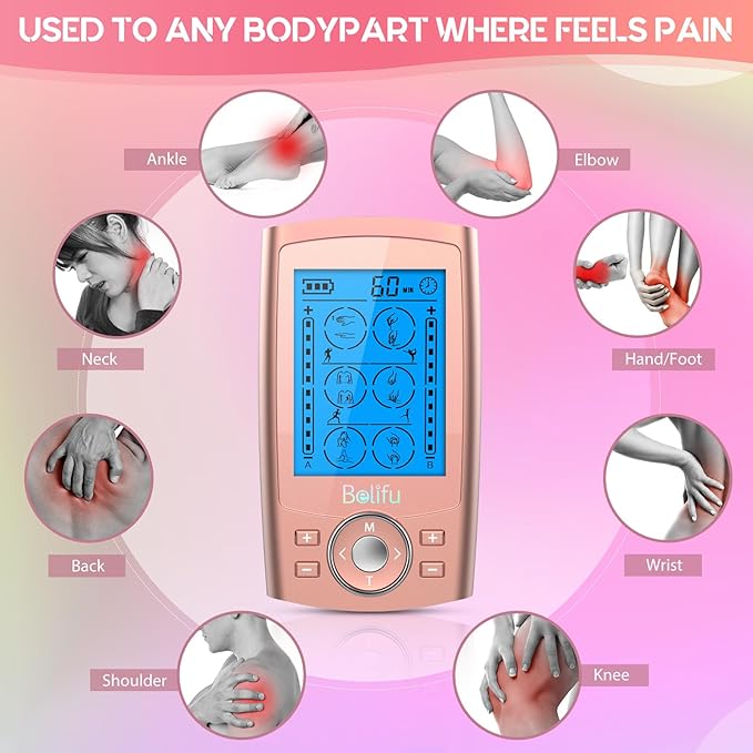 Belifu Dual Channel TENS EMS Unit 24 Modes Muscle Stimulator for Pain Relief Therapy, Electronic Pulse Massager Muscle Massager with 10 Pads, Dust-Proof Drawstring Storage Bag