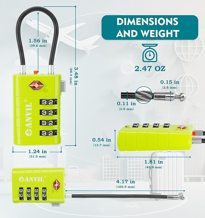 ANVIL 4 Digit Luggage Locks, TSA Locks for Luggage, Advanced TSA008 core, Alert Indicator for Your Travel Lock, Suitcase Lock. (2, Grass Green)