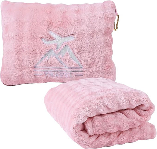 Travel Blanket and Pillow-2-in-1, Ultra-Soft&Compact, One-Piece Airplane Blanket with Hand Luggage Belt and Backpack Clip,Travelers Accessories Gifts, 61x43 Inches (Pink)