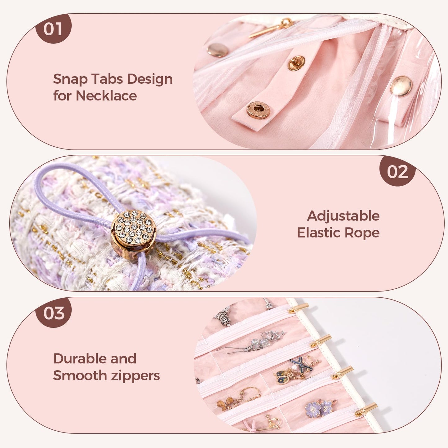 Travel Jewelry Organizer Roll with Zippered Pockets | Tangle-Free Portable Jewelry Storage Case for Women | Holder for Necklaces, Earrings, Rings, Bracelets